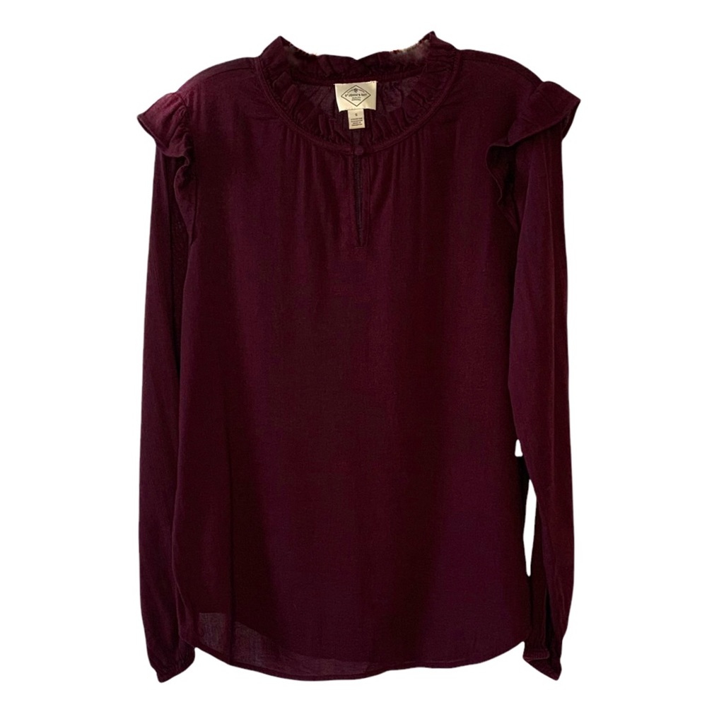 NWT ST. JOHN"S BAY Burgundy Ruffle Shoulder + Neck Long Sleeve Blouse Si…
